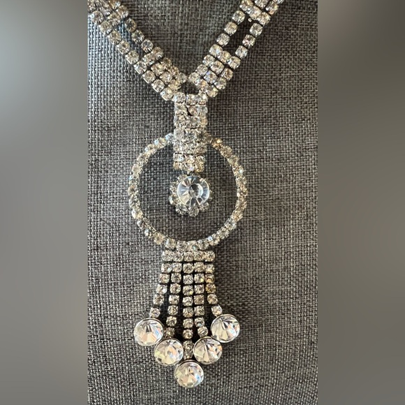 Diamante Rhinestone Y Necklace Clear Crystals Costume 14.5” Choker Lariat - Picture 7 of 9